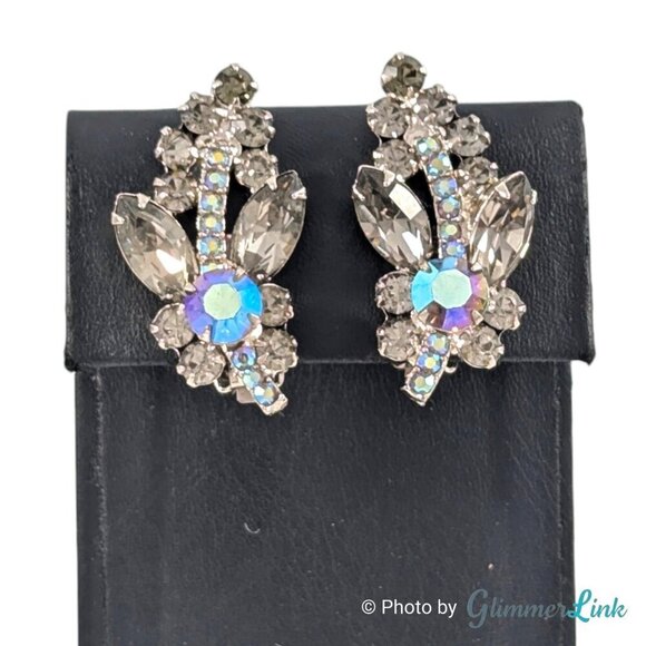 VTG 60s Verified Juliana D&E Smoky Gray & AB Rhinestone Climber Clip On Earrings